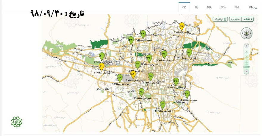 نقشه میزان منواکسید کربن تهران 