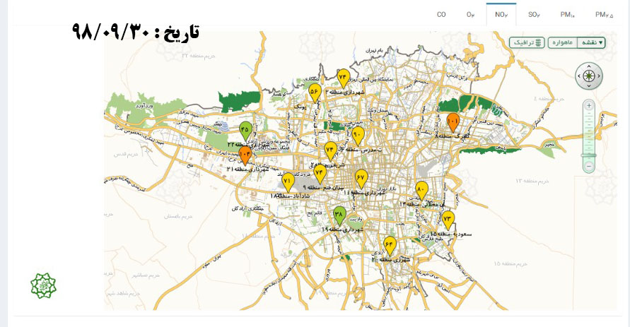 نقشه دی اکسید نیتروژن تهران